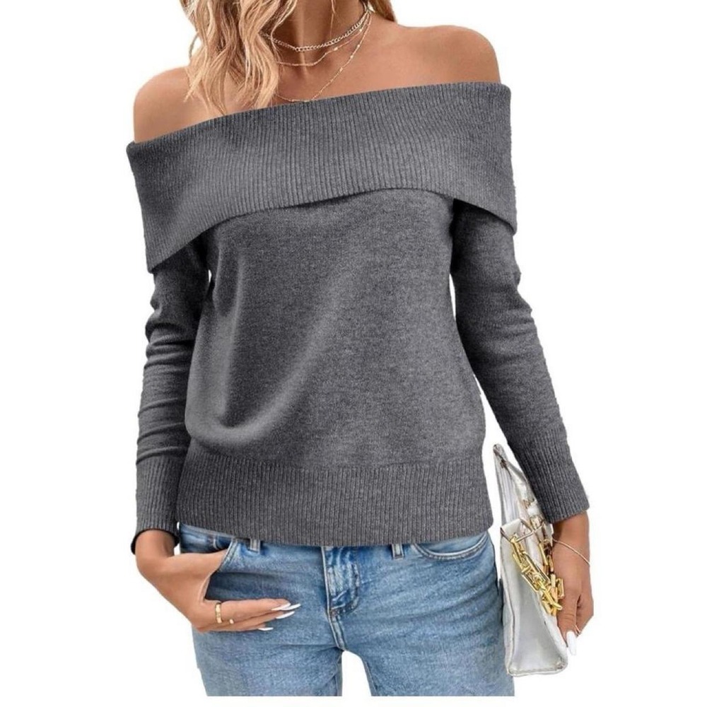 Vaziro Women's Off Shoulder Knit Sweater Long Sleeve Pullover
